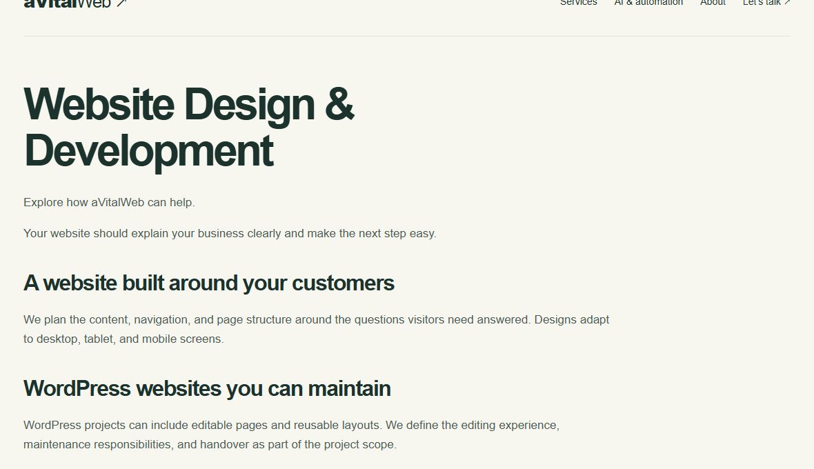 The aVitalWeb website design service page displayed on a desktop screen