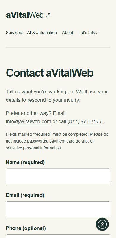 The aVitalWeb contact form on a mobile screen